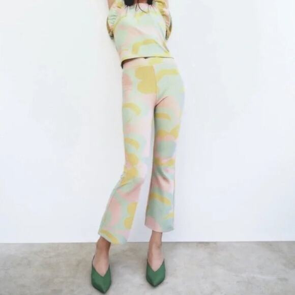 ZARA Pastel Retro Jacquard Flare Pants - Picture 1 of 8